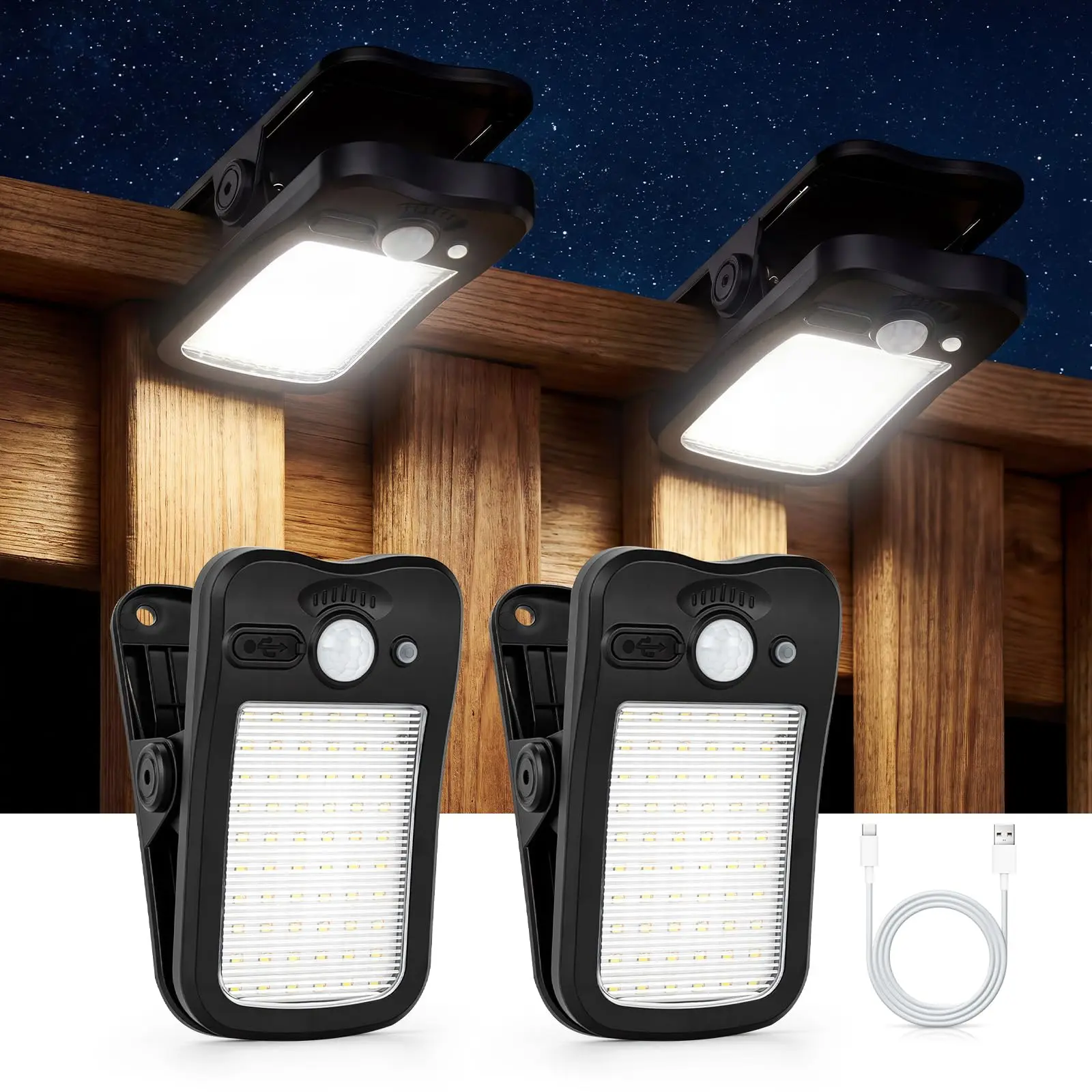 Clip on Solar Lights Outdoor, 2 Pack, 60 LED Solar Motion Sensor Clamp on Light with 3 Modes, IP65 Waterproof Portable Clamp Lights for Patio Fence Garden Deck, Father's Day Gifts