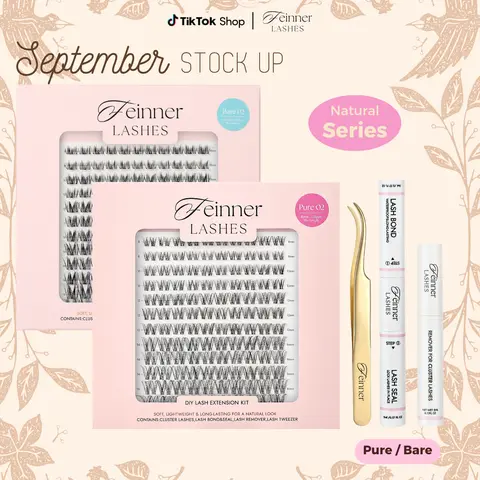 feinner DIY Lash Extension Kit Natural Lightweight Individual Eyelash Clusters Beginner-Friendly, Waterproof for Everyday Look. Includes Lash Bond & Seal, Remover, Tweezer. Pure & Bare Collections Black & Brown False Lashes.