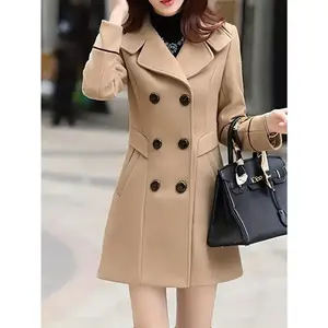 Women's 2025 Winter Warm Double-Breasted Notched Lapel Raincoat - Burgundy Long Sleeve Jacket with Gold Tone Buttons, Structured Cut and Classic Collar, Suitable for Street Style