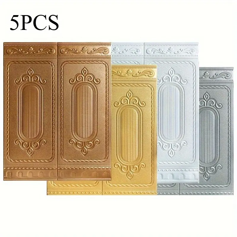 5pcs 20mm Thicken Waterproof 3D Self-Adhesive Wainscot Wall Panel Stickers, High Quality XPE Material, Easy Peel Stick Design Vintage Pattern Perfect for Bedroom, Corridor, Bathroom, Kitchen, Impact-proof Wall Decor