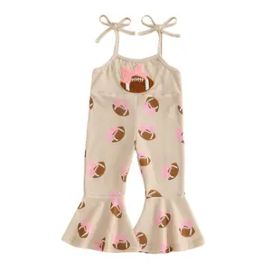 Little Kids Girls Football Outfits Bow Rugby Embroidery Sleeveless Tie Strap Romper Jumpsuit Toddler Baby Bell Bottoms Cute Fall Winter Clothes