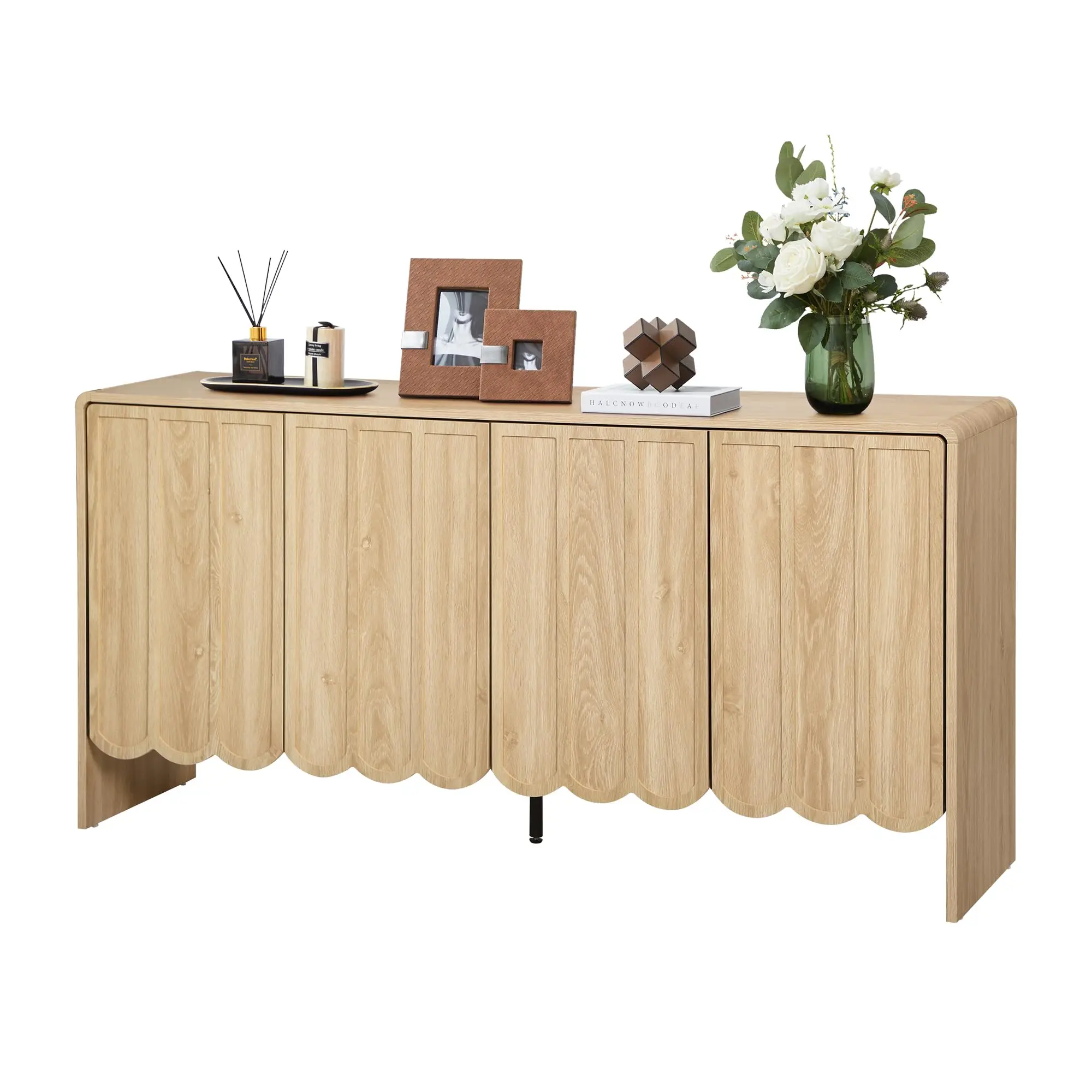 Giratree Sideboard Buffet Cabinet, Accent Storage Cabinet with 4 Doors, Farmhouse Wood Cabinet with Adjustable Shelves and Wave Panel for Living Room,