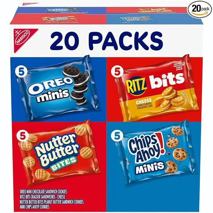 Nabisco Snacks Variety Pack, 4 Flavors, Cookies & Crackers, 20 Snack Packs | OREO Minis, NUTTER BUTTER Bites, CHIPS AHOY! Minis Cookies, and RITZ Bits Cheese Sandwich Crackers, Individually Wrapped