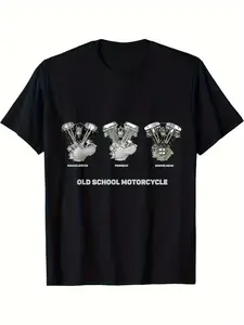 Men's Vintage Motorcycle Engine Graphic T-Shirt - Shovelhead Knucklehead Panhead V-Twin Old School Design, Black Casual Regular Fit Short Sleeve Tee with Durable Digital Print, All-Season Apparel for Motorcycle Enthusiasts, Biker Gifts & Casual Outf