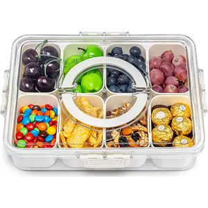 Air-Tight Snackle Box Container, Divided Serving Tray with Lid & Handle, Clear Snack Box for Fruits Candy & Nuts, Portable for Travel & Daily Use, 8 Inside Containers, Dishwasher Safe