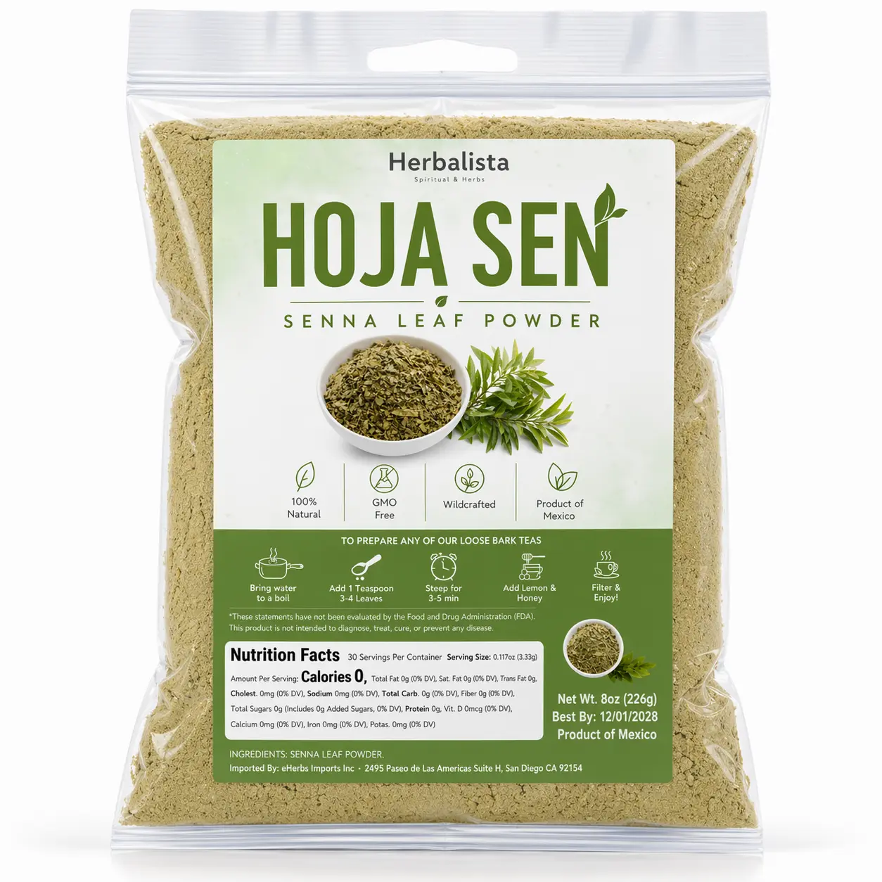 VIRAL Hoja Sen Polvo (Senna Leaf Powder ) - 8oz (226g) - Premium Wildcrafted Herbal Tea, 100% Natural, Vegan, Non-GMO – Authentic Mexican Senna Leaves for Traditional Herbal Infusions