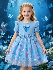 Girls' Blue Butterfly Dress, Summer New Bubble Sleeve Princess Skirt, Sequin Heart Butterfly Mesh Puff Dress, Party, Birthday Gift, Ruffle Dress, Summer Cute Dresses