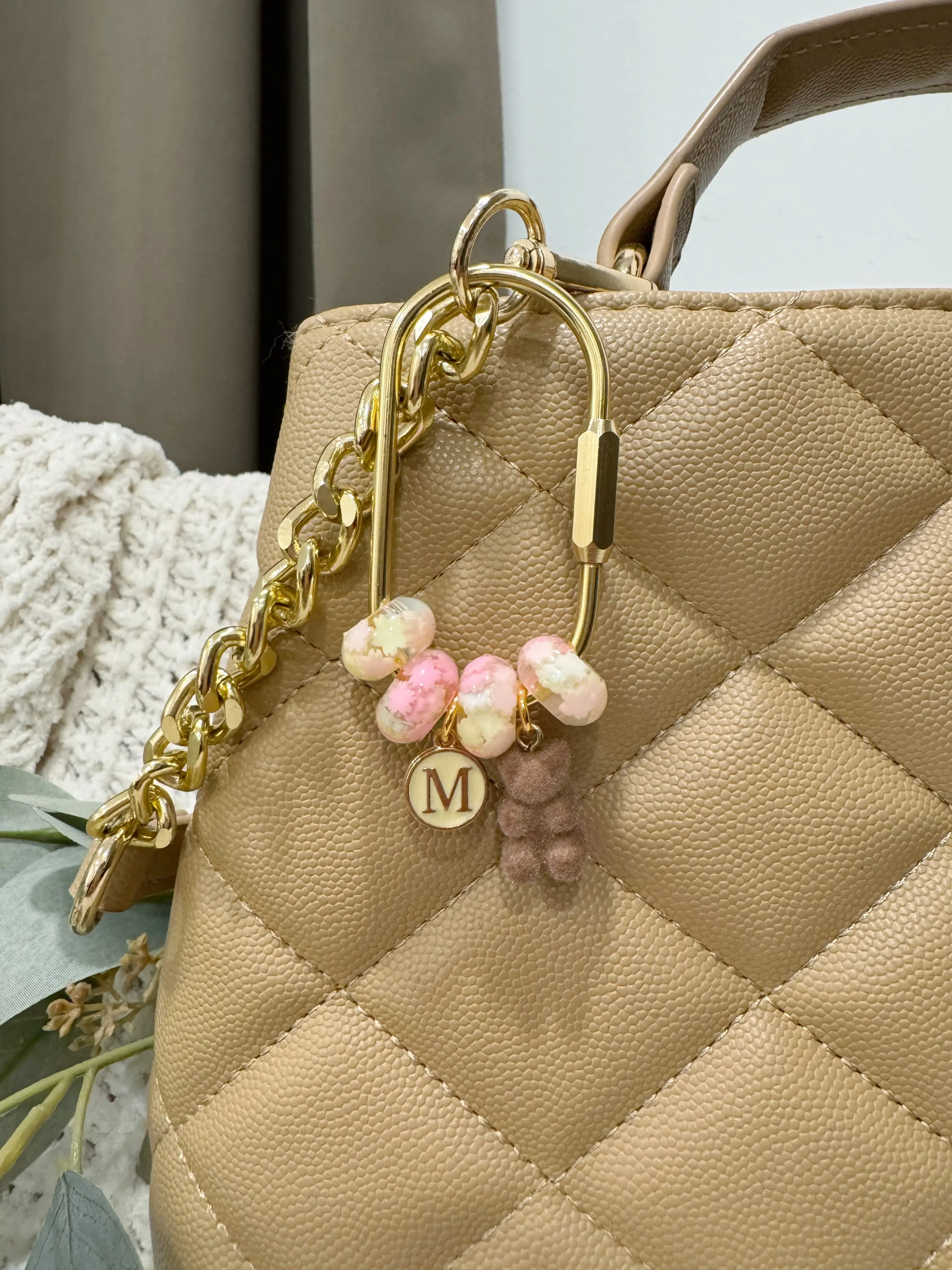 Personalized Gold Initial Bag Charm | Teddy Bear Purse Charm | Beaded Carabiner Keychain | Cute Handbag Accessory | Pastel Charm Gift
