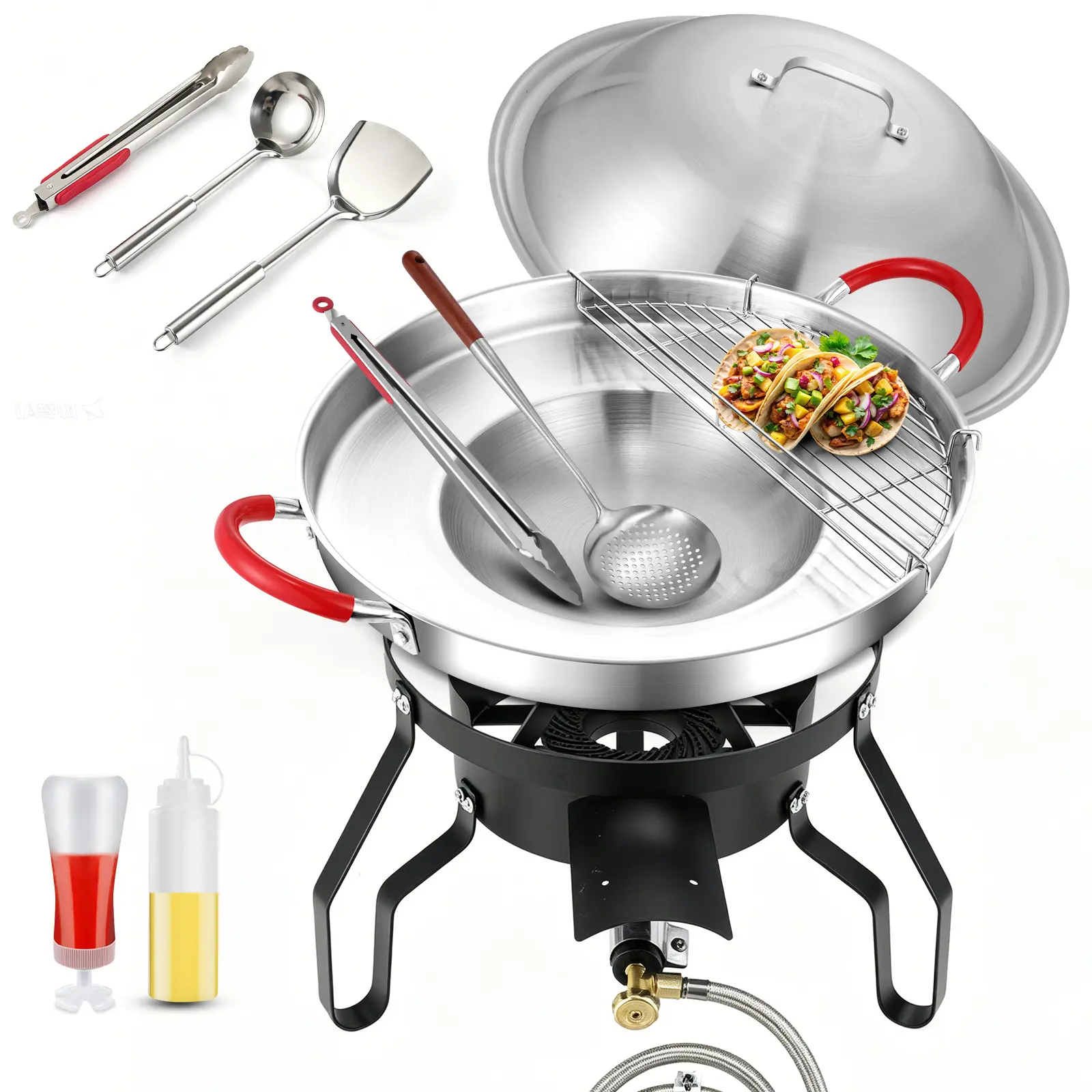 20" Stainless Steel Comal Discada Cooking Set with 100,000 BTU Propane Burner, Outdoor Mexican Disco Para Cocinar w/Dome Lid & Accessories for Tacos, Fajitas, Fish Fry, Camping & Backyard Cooking