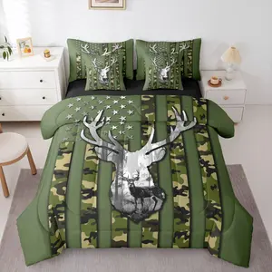 Hunting Deer 7 Piece Bedding Set American Flag Comforter Set with Sheets for Kids Boys Girls Army Green Camouflage Bed in a Bag Wild Animal Theme Bed Set Soft Lightweight