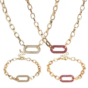 Gold Plated Micro Pave Oval Paper Clip, Rolo Link Choker Necklace and Bracelet