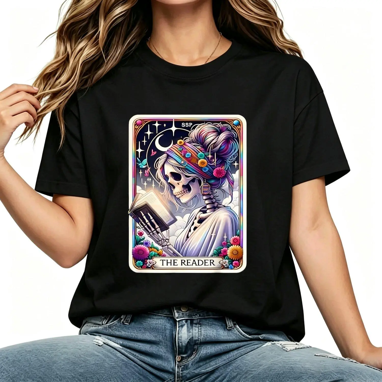 Women's Tarot Card Graphic T-Shirt - Casual Tee, Crew Neck, Short Sleeves, Funny Mystic Occult Retro Esoteric Art Illustration, Tarot Theme Streetwear Top
