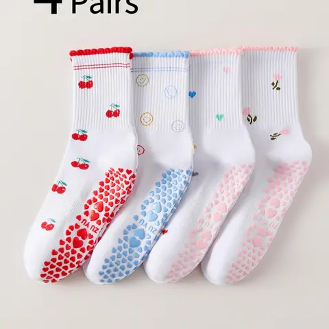 Women's Anti-Slip Yoga Socks, Cherry Heart Floral Print, Cute Mid-Calf Ruffle Design, Sweat-Wicking Breathable Comfort, Athletic Socks, Sports Grip Socks, Soft Breathable Socks, Cute Pilates Grip Socks, Active Socks