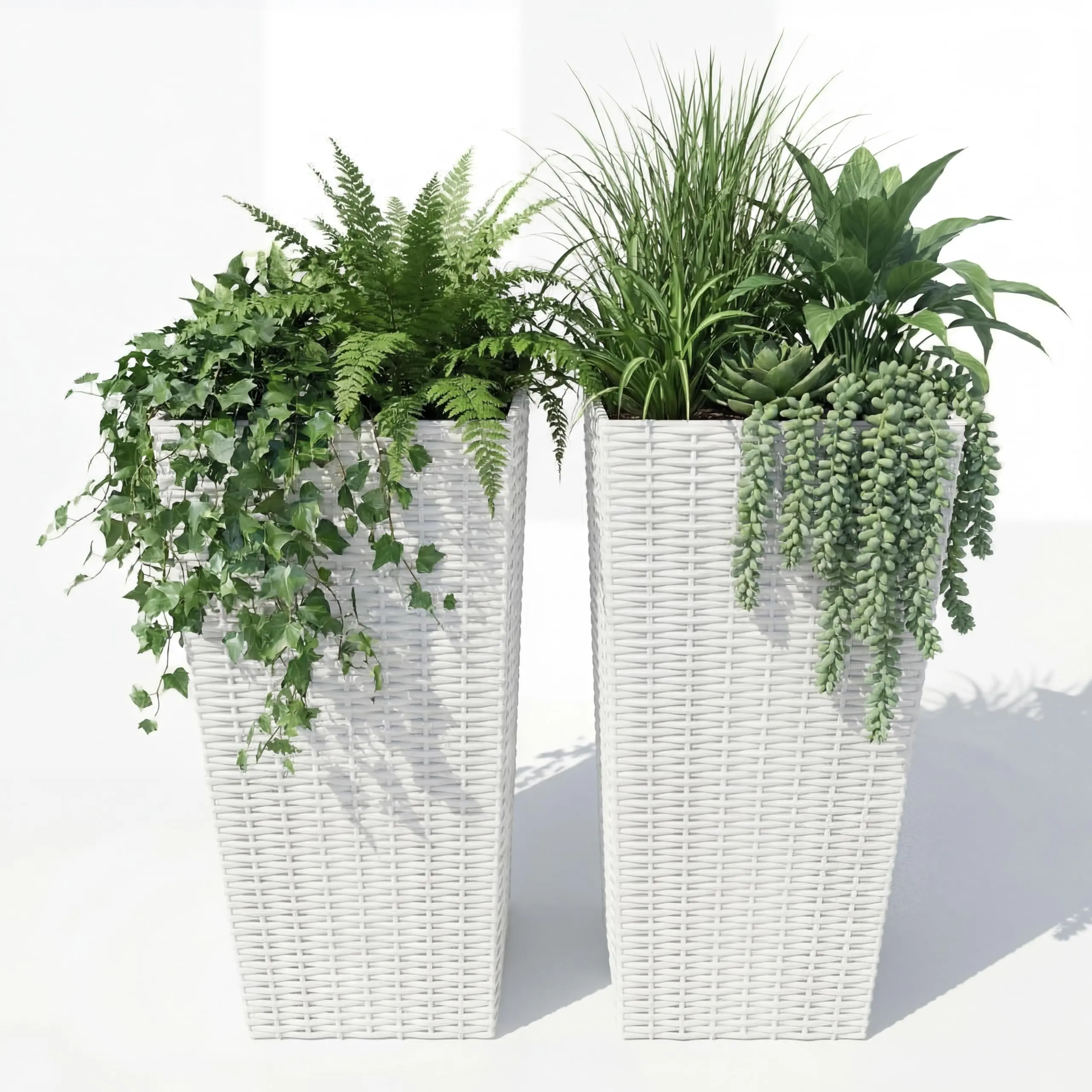 Garvee Large Outdoor Plastic Planters with Removable Liner and Drainage Holes, Ideal for Plants and Flowers on Terrace Balcony Garden, Rattan Style, 2 pcs, 82cm High, Without Tray, White