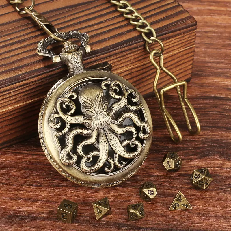 Steampunk Octopus Design Pocket Watch Case with Dice Set, 1 Set Vintage Design Durable Dice Set with Gift Box, Role Playing Board Game Accessories