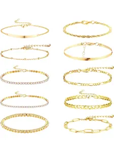 10 Pieces Gold Bracelets, Ladies Bracelets Set, Stackable Bracelet Set, Adjustable Bracelet, Boho Bangle Fashion Jewelry, Clip Bracelet, Gold Chain Bracelet, Zirconium Bracelet, Trendy Stack Bangle