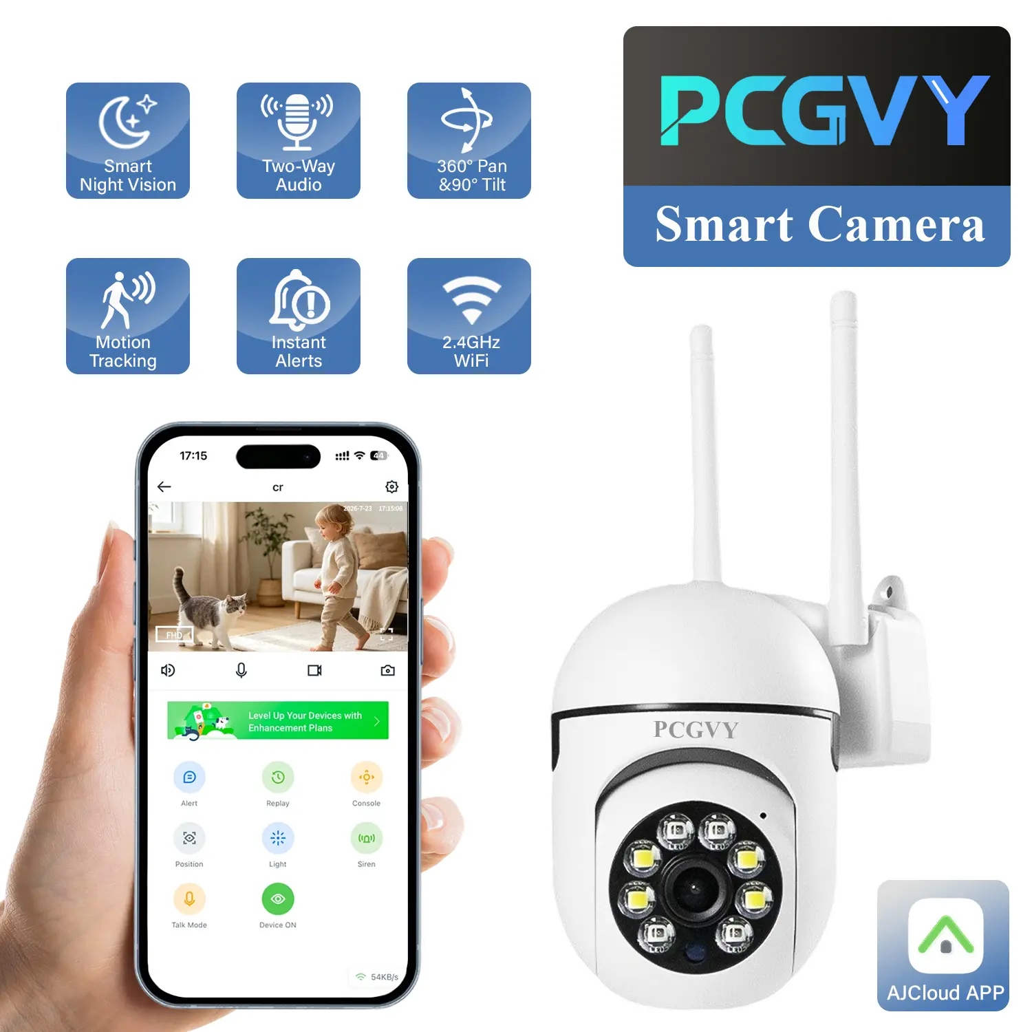 PCGVY 2MP WiFi Security Camera, 360° PTZ Indoor Camera with AI Motion Tracking, Motion Detection, 2-Way Audio, Micro SD Storage, Baby & Pet Monitor for Home Monitoring