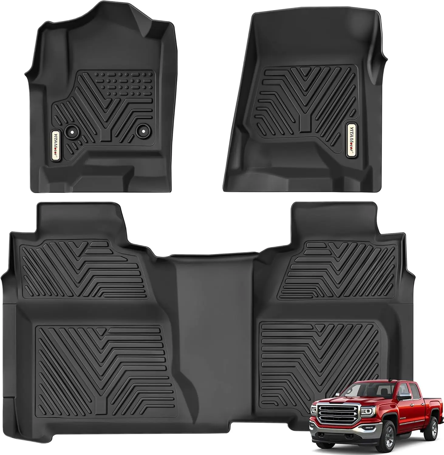 TPE Floor Mats fits 2014-2018 Chevy Silverado / GMC Sierra 1500 Crew Cab, 2015-2019 Chevy Silverado / GMC Sierra 2500HD 3500HD Crew Cab, Rows 1,2, All Weather, Waterproof