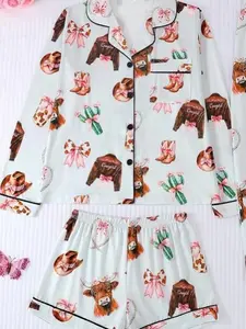 Women's Sleepwear Set, Long Sleeve Button-Down Cardigan, Pants & Shorts, Cow Bow Print, Loose Fit, Casual Home Wear, All Seasons