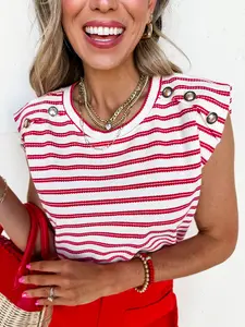 Red Stripe Textured Knit Button Detail Short Sleeve Casual Tee, Unique Striped Pattern Knit With A Delicate Texture.