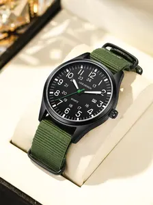 Men's Outdoor Adventure Series Tactical Sport Watch, Fashionable Analog Quartz Watch with Nylon Strap, Trendy Watch for Outdoor Activities