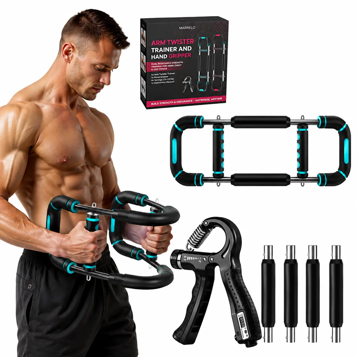 Twister Arm Trainer 30-120lbs with  Free Adjustable Hand Gripper 5 to 60Kg  – Adjustable Chest Expander, Arm & Forearm Strengthener for Home Workouts