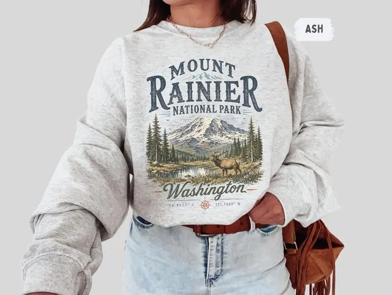 Mount Rainier Sweatshirt, Washington National Park Crewneck, Vintage Mountain Pullover, PNW Hiking Gift, Outdoor Adventure Sweatshirt