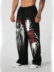 Dark Angel Gothic Print Sweatpants, Horror Street Style Casual Long Pants, Fitted Drawstring Waist, All Seasons Fashion