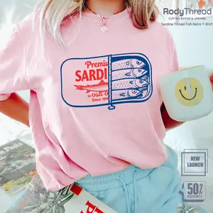 RodyThread Premium Sardines Tinned Fish Graphic T-Shirt For Women Retro Vintage Quirky Foodie Tinned Fish Girl Aesthetic Light Pink Soft Cotton Tee Fun Casual Trendy Graphic Print Top Coquette Preppy Summer Vacation Outfit Everyday Wear tiktokshopspringgl