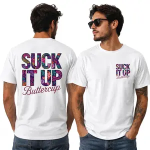 Men's 100% Cotton "Suck It Up Buttercup" Front & Back Printed Graphic T-Shirt - Tropical Flowers, Letters Design, Hot Streetwear Top, Denim Baseball Cap Accessories Vibe Shirt TOP