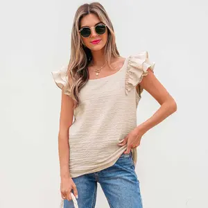 Beige Textured Bow Knot Frilled Butterfly Sleeve Blouse