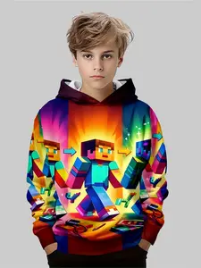 Boys' 3D Pixel Print Hoodie, Casual Pullover Sweatshirt, Fall & Winter Wear, Lightweight Comfortable Fabric, Fitted Style
