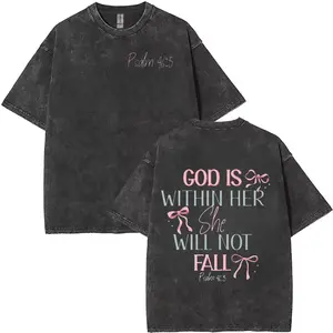 Washed Cotton T-Shirt - Double-Sided Inspirational Design 'God is in her heart, she will not fall' & Psalm 46:5, Vintage Loose Unisex Top, Casual Wear for Spring and Summer