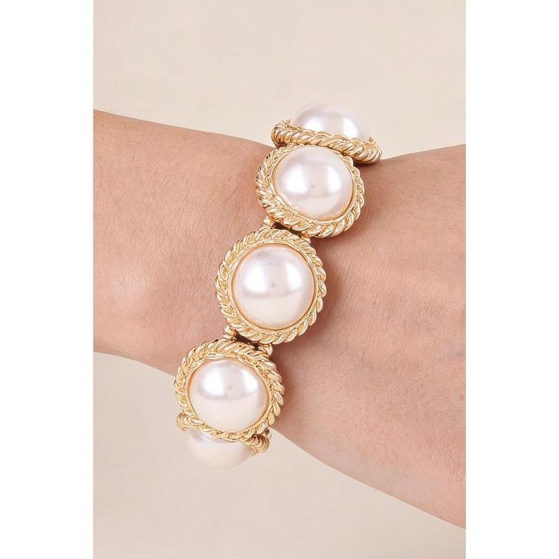 Elara Women's Weaved Pearl Stone Beaded Bracelet, Multilayer Braided Faux Pearl Faceted Bead Stretch Bracelet, Elegant Bridal Wedding Guest Date Night Chic Statement Wrist Jewelry Aesthetic