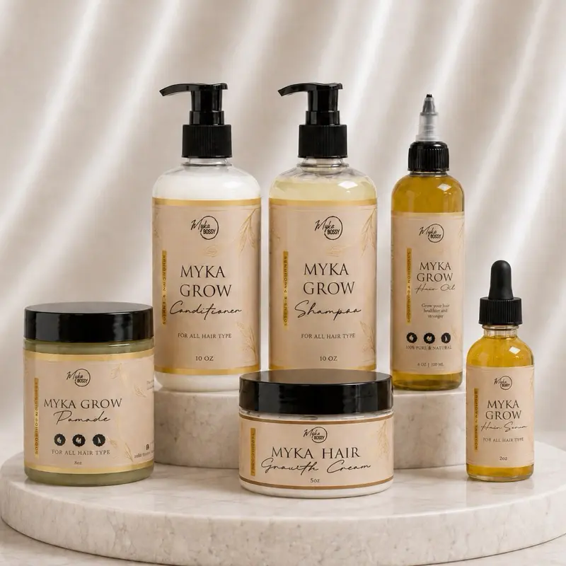Myka Grow Full Set , 10 oz Shampoo & Conditioner for Healthy Hair Growth , 8 oz Pomade , 4 oz Hair Growth Oil ,5 oz hair Growth Cream , 2oz Hair Growth Serum