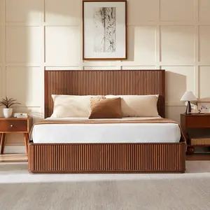 Walnut wave pattern wood grain headboard platform bed frame, 44 inch high headboard large bed frame, modern minimalist style, easy assembly, no need for box springs
