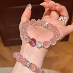 Madagascar-style translucent pink quartz bracelet with peach blossom luck, amethyst beads for good fortune, niche women's style.
