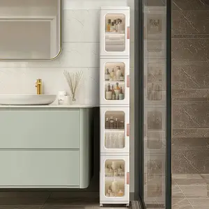Tall Narrow Storage Cabinet with Movable Wheels, Adjustable Shelves &  Doors  Foldable Slim Plastic Organizer for Bathroom, Kitchen, Laundry, Ideal for Small Spaces(4-Tier,White)