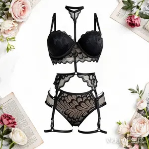 Black Lace Lingerie Set 3 Piece - Push Up Bra + High Waisted Panty + Garter Belt Strappy Harness