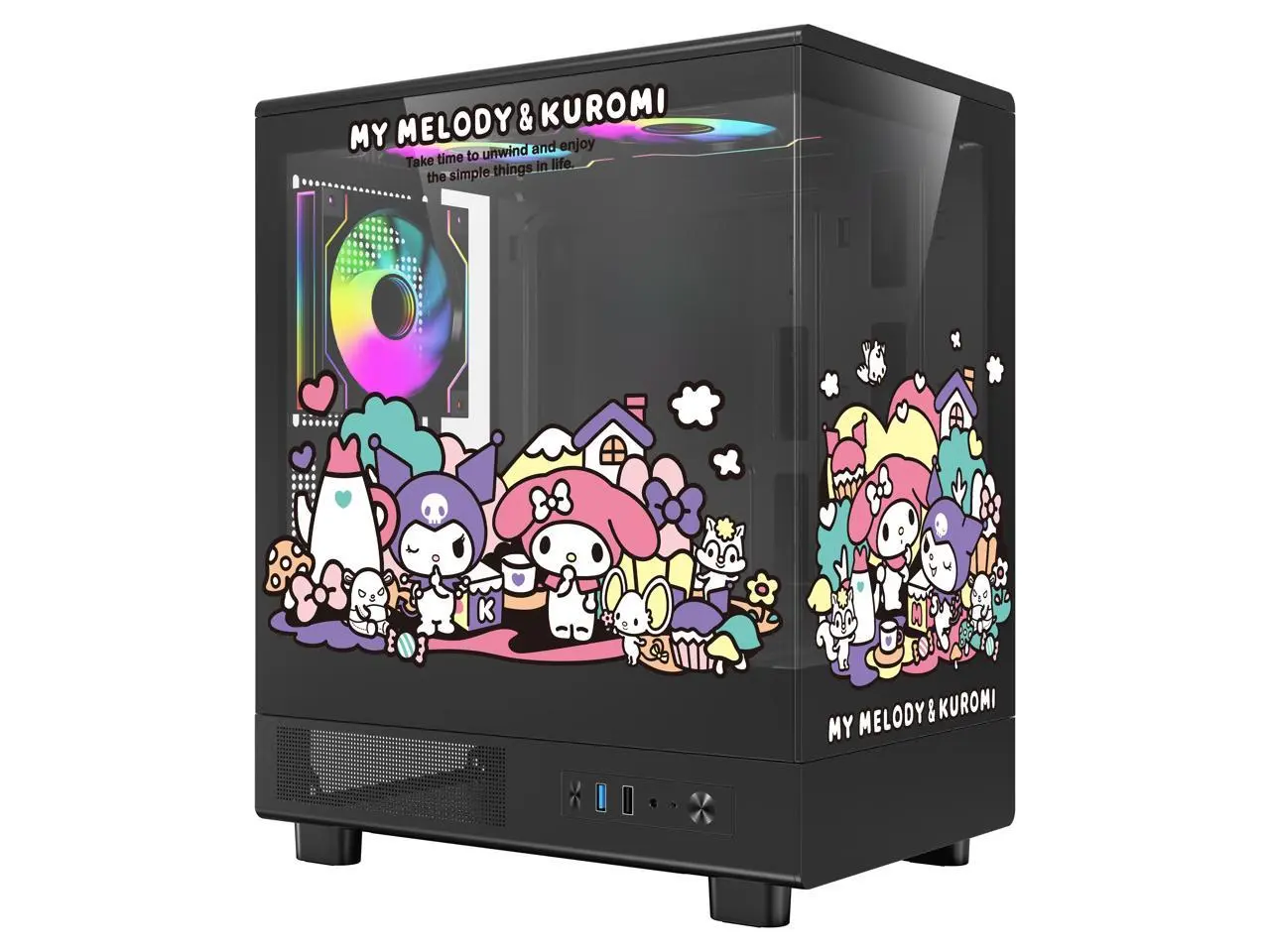 darkFlash DB330M MOTI Mini M-ATX Gaming PC Case, Sanrio Kuromi & My Melody Official Licensed Edition, 270° Frameless Tempered Glass, 5x120mm Fans Included, Supports 240mm Radiator, Compact Case, Black