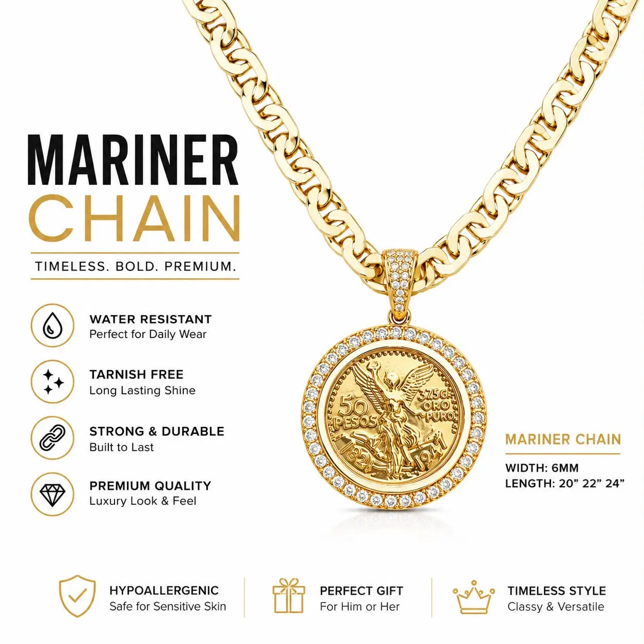 14K Gold Plated Centenario 1.5"/38mm Pendant Mariner Chain Colorful Gold Coin Necklace