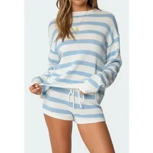 Women's Striped Knit Sweater and Shorts Set - Blue & White Casual Loungewear Outfit Can be used with raincoat