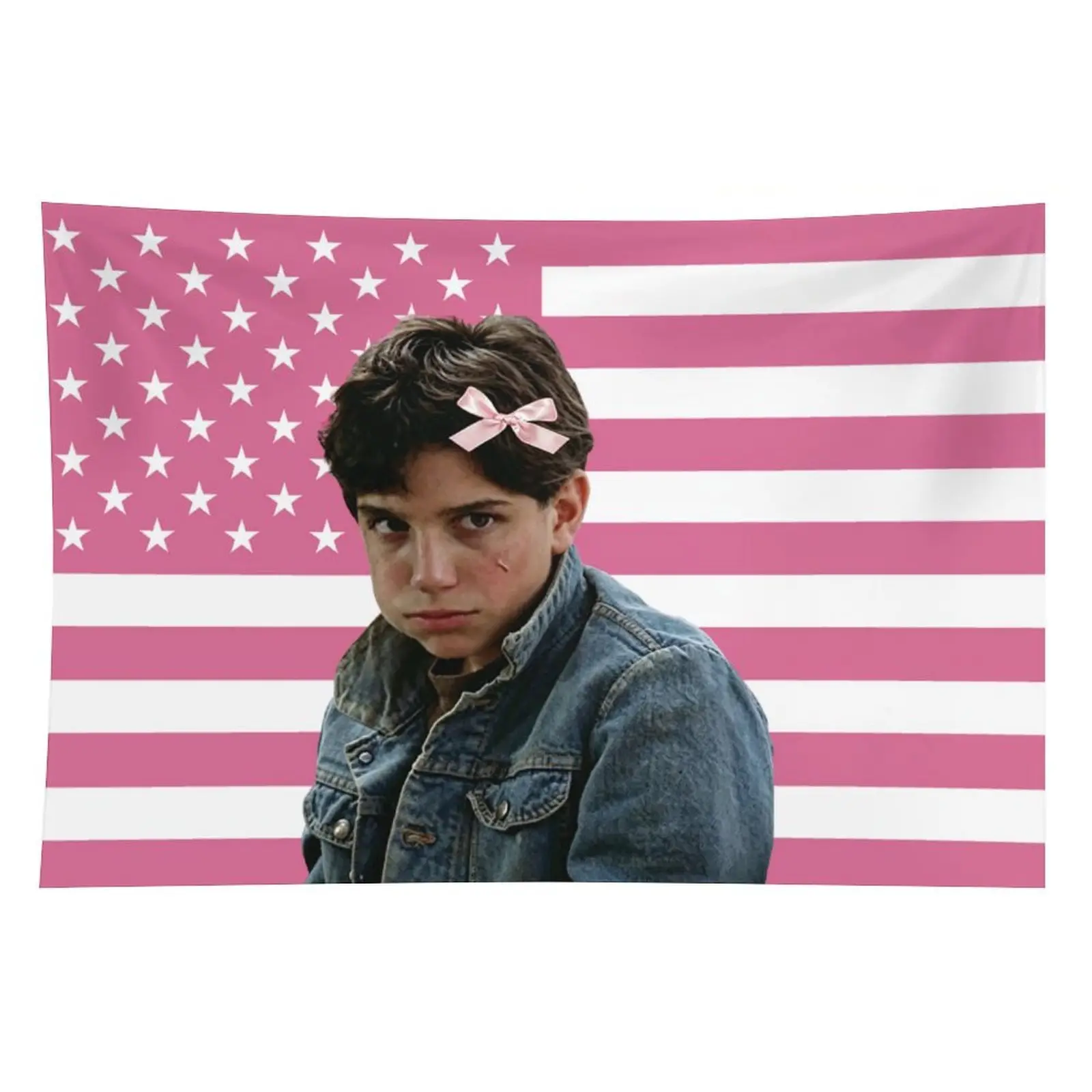 Light Pink and White American Flag Print Polyester Tapestry with Ralph Macchio Movie Poster - Machine Washable Retro Patriotic Wall Art, Teen Bedroom Pink Wall Hanging Decor
