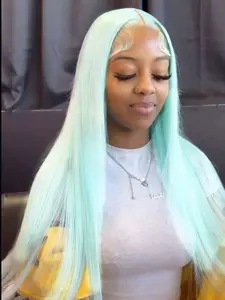 Mint Green Wig Long Striaght Hair Pre-Plucked Hairline Heat Resistant Synthetic Glueless Hair 28 Inch Gift for Her Free Part for Natural Look