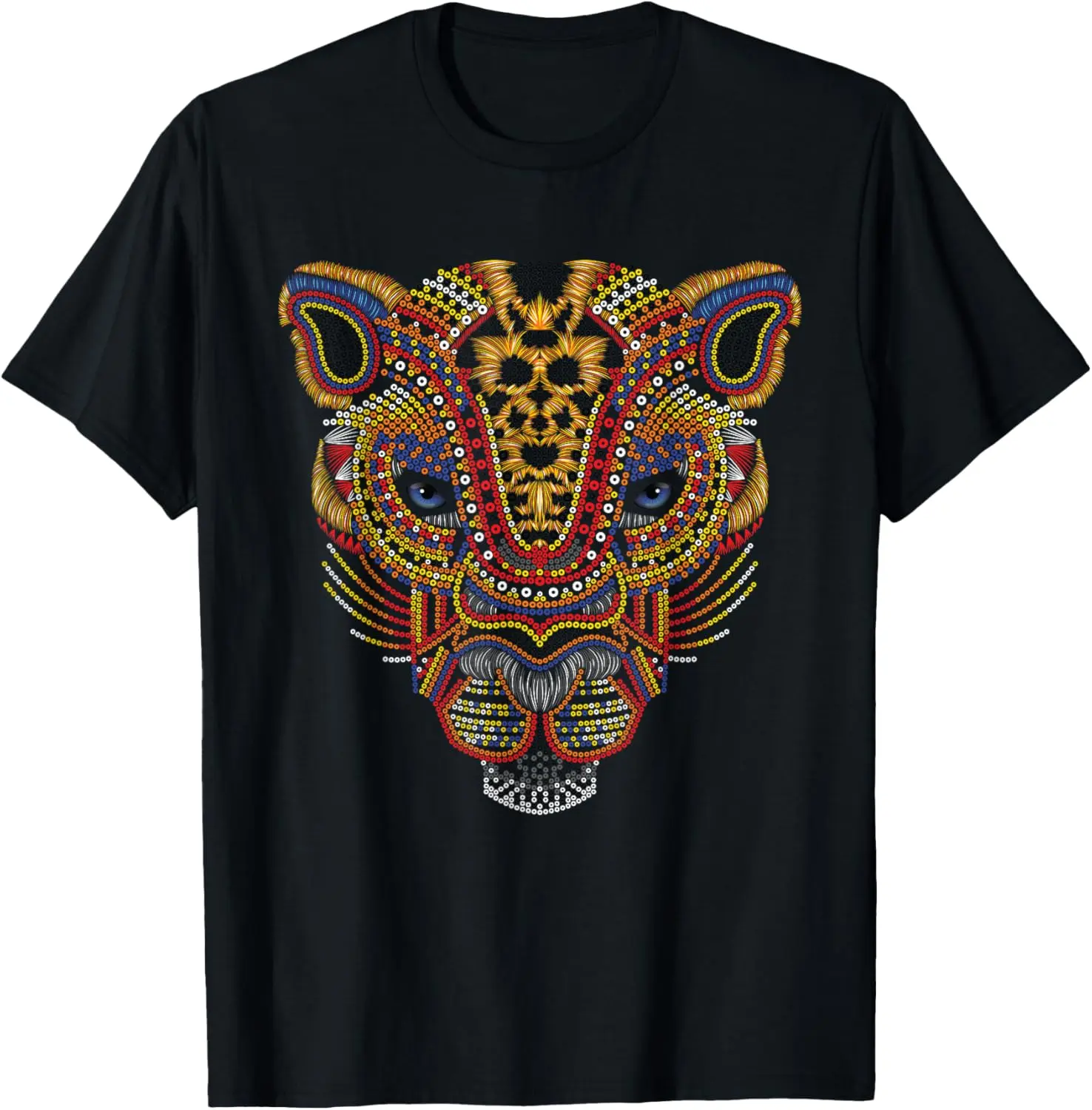 Men's Soft Natural Cotton Round Neck Short-Sleeve Graphic T-Shirt - Jaguar Head Huichol Art, Mexican Aztec Mayan Big Cat Design, Casual Streetwear Top, Breathable Fabric, Fashion, Shortsleeve, Menswear, Moisture Absorb, Regular Fit, Machine Washable