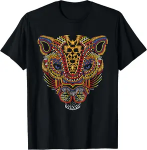Men's Natural Casual Fashion Short-Sleeve Graphic T-Shirt - Jaguar Head Huichol Art, Mexican Aztec Mayan Big Cat Design