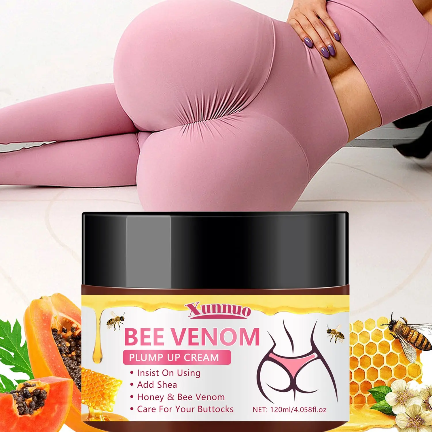 Xunnuo, Bee Venom Buttock Firming Cream, Bee Venom + Honey + Shea Butter, Lifts and shapes buttocks, Firms hips and thighs, Deeply moisturizes, Enhances roundness, Suitable for buttocks and thighs, Body Care Products
