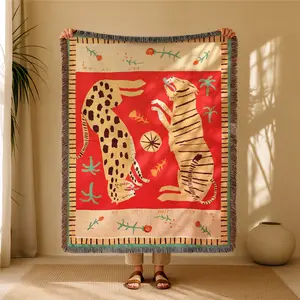 Pink Panther Pattern Bohemian Yarn Jacquard Woven Blanket with Tassel, Thick Soft Washable Blanket, Used for Home Decor Sofa Chair Bed Tapestry Tablecloth Floor Garden Picnic Outdoor Camping