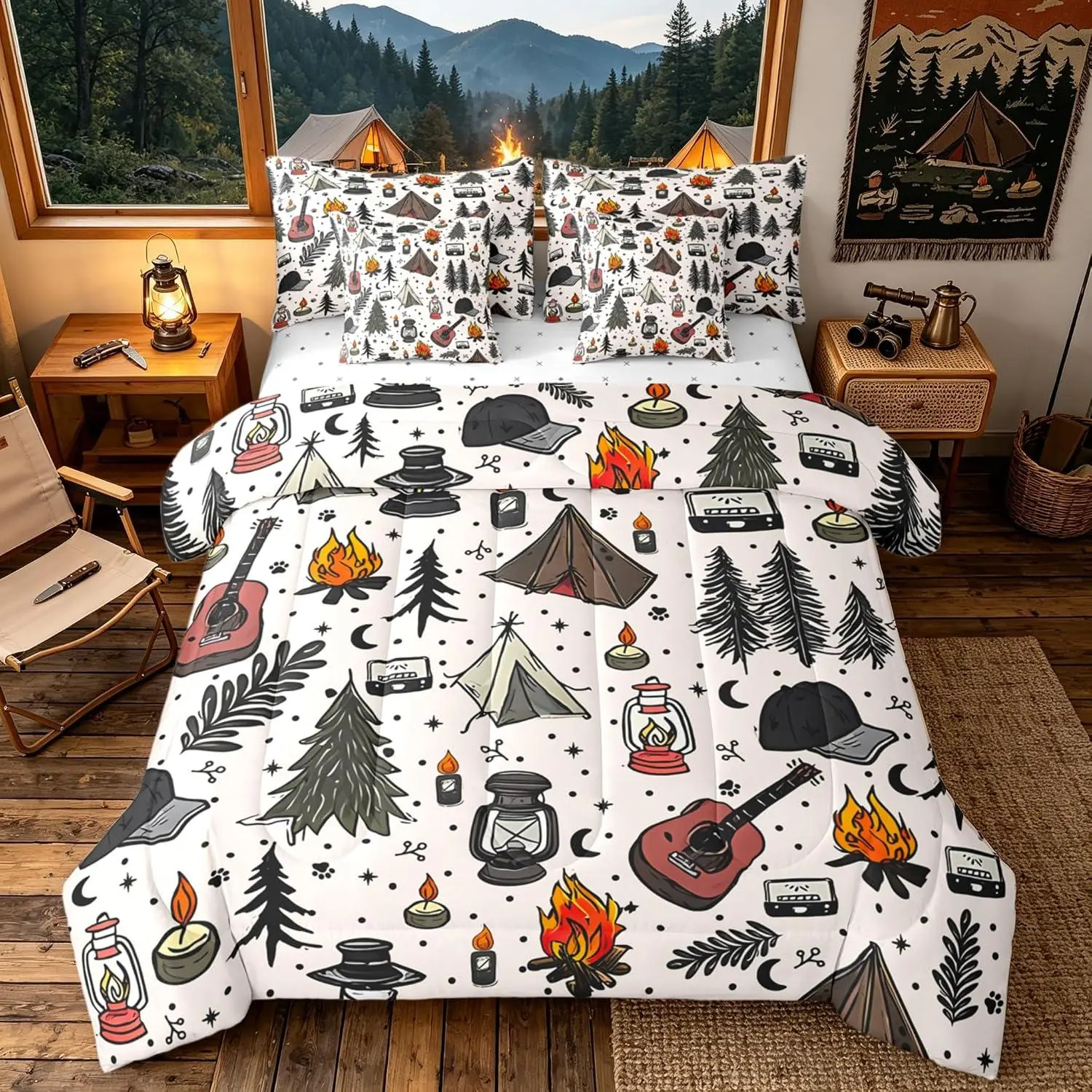 Camper Theme Bedding Set 7 Piece Happy Camping Equipment Bed in A Bag with Sheets Botanical Trees Mountain Adventure Comforter Set,Cute Camper Bed Sets