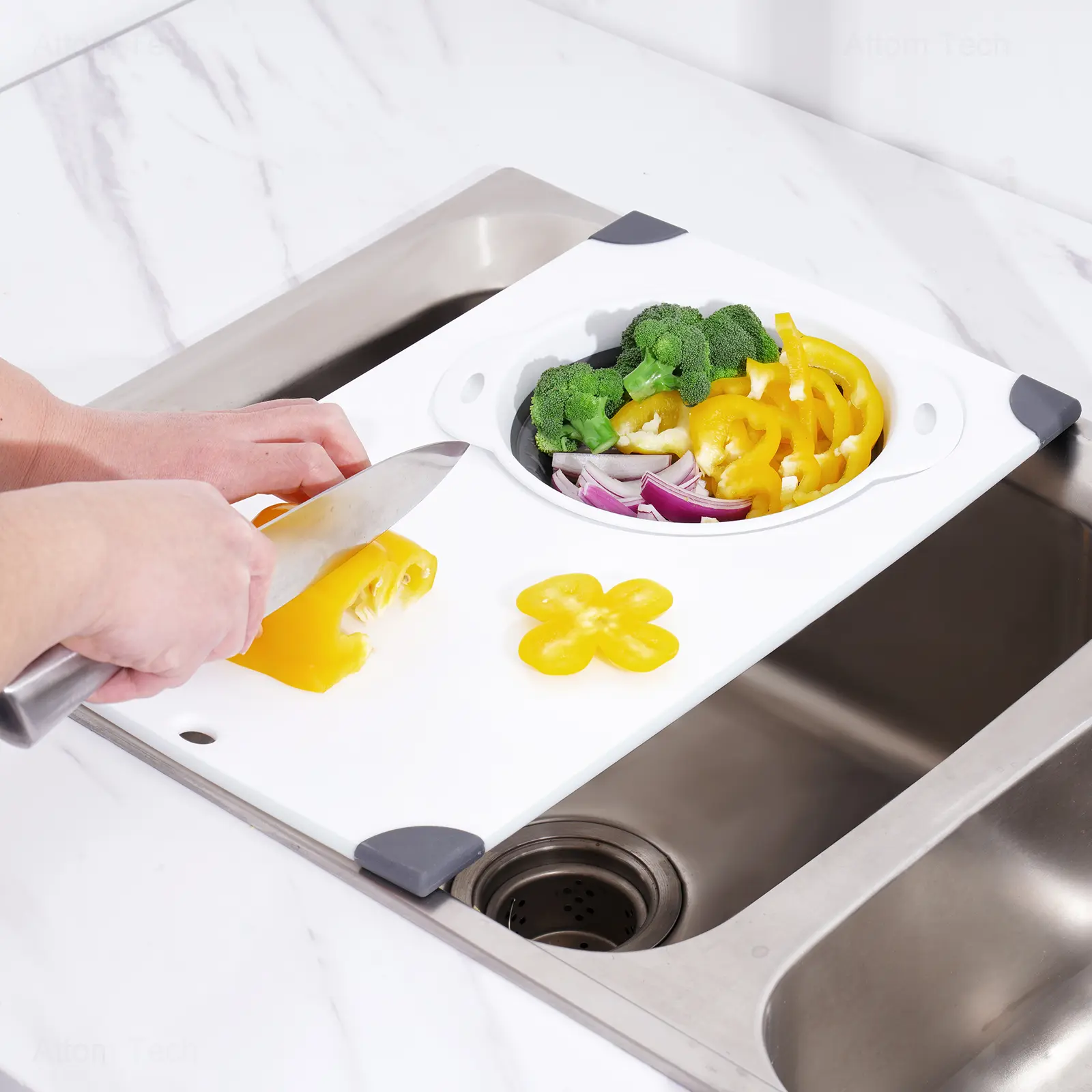 NiHome Over the Sink Cutting Board with Collapsible Colander, 2-In-1 Sink Drainer Board 11"x17.7" Cutting Board and Detachable Draining Basket
